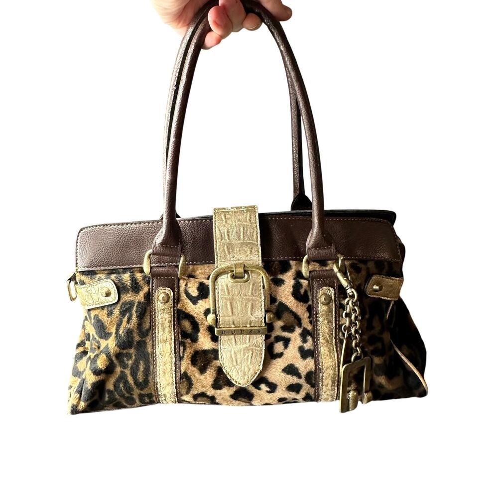 GUESS Faux fur handbag Leopard Beige Gold Shoulder Bag with Charm